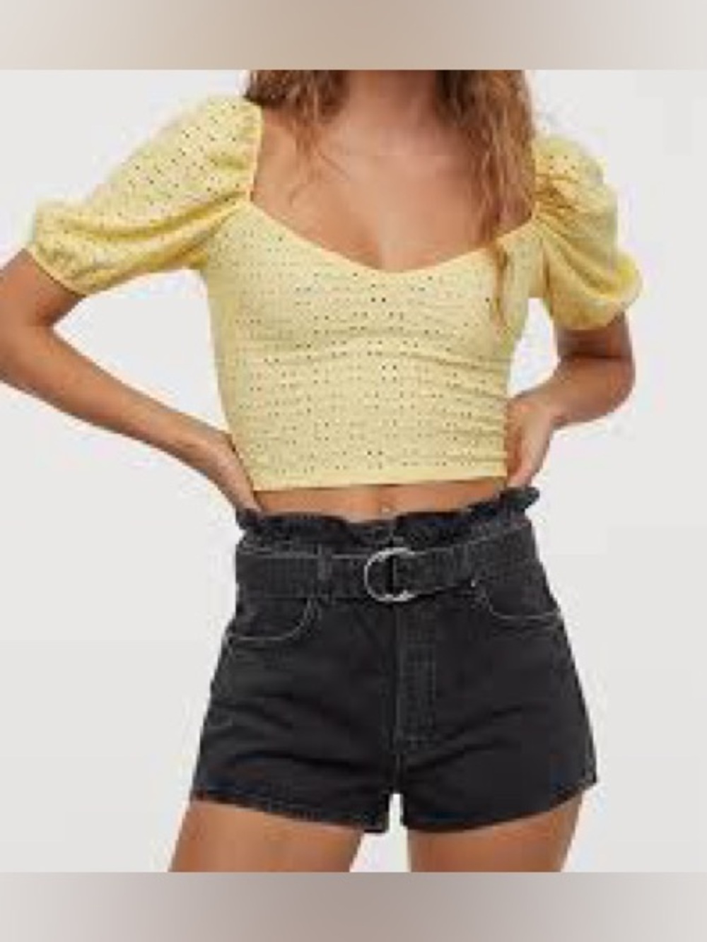 H&M Yellow Eyelet Puff Sleeve Square Neck Blouse